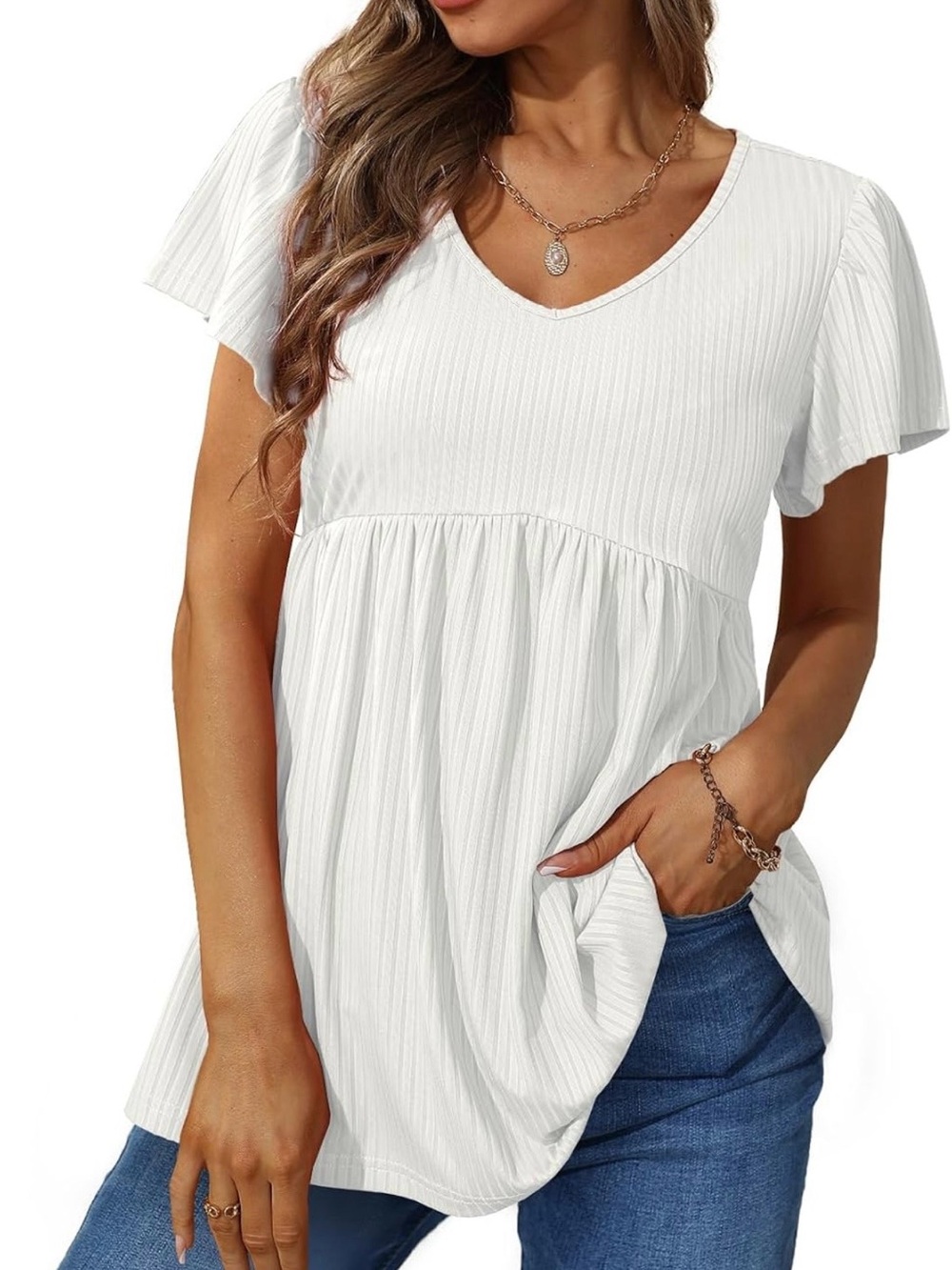 White V-Neck Babydoll Top - Lightweight Women's Tee